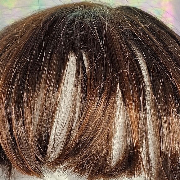 Dark Brown Bob Synthetic Wig w/ Caramel Bronze Highlights & Bangs - Picture 3 of 8